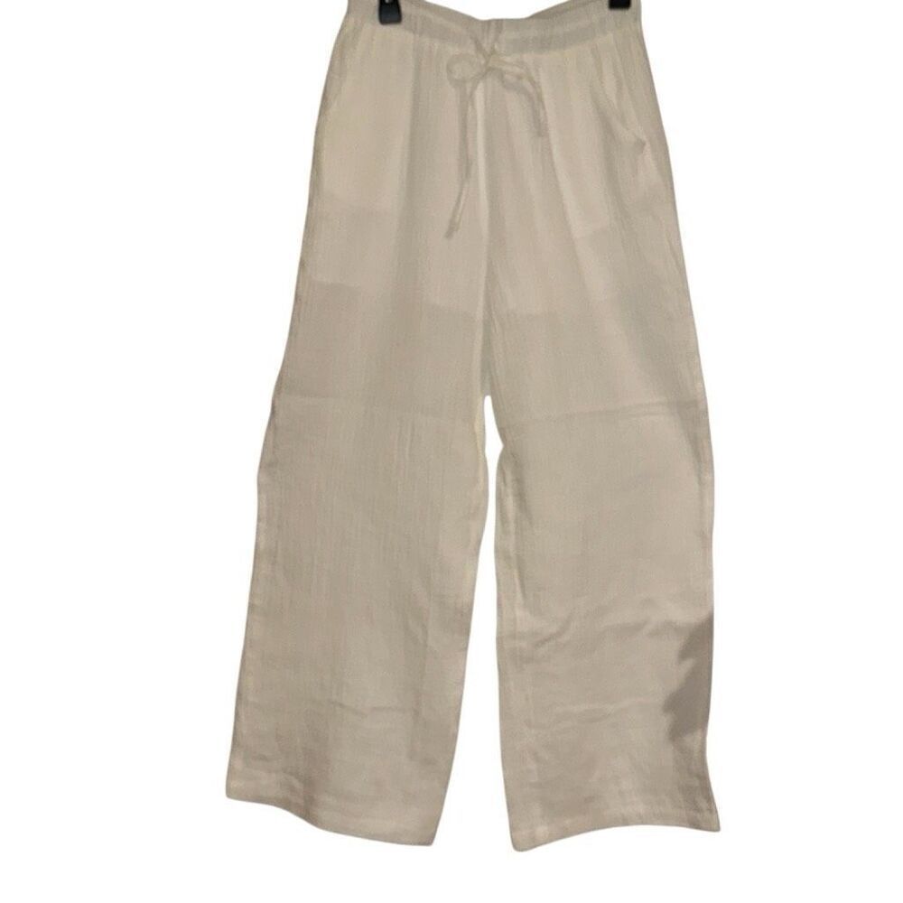 *New* White Drawstring Crinkled Wide Leg Pull On Lounge Pants Ladies Size Large